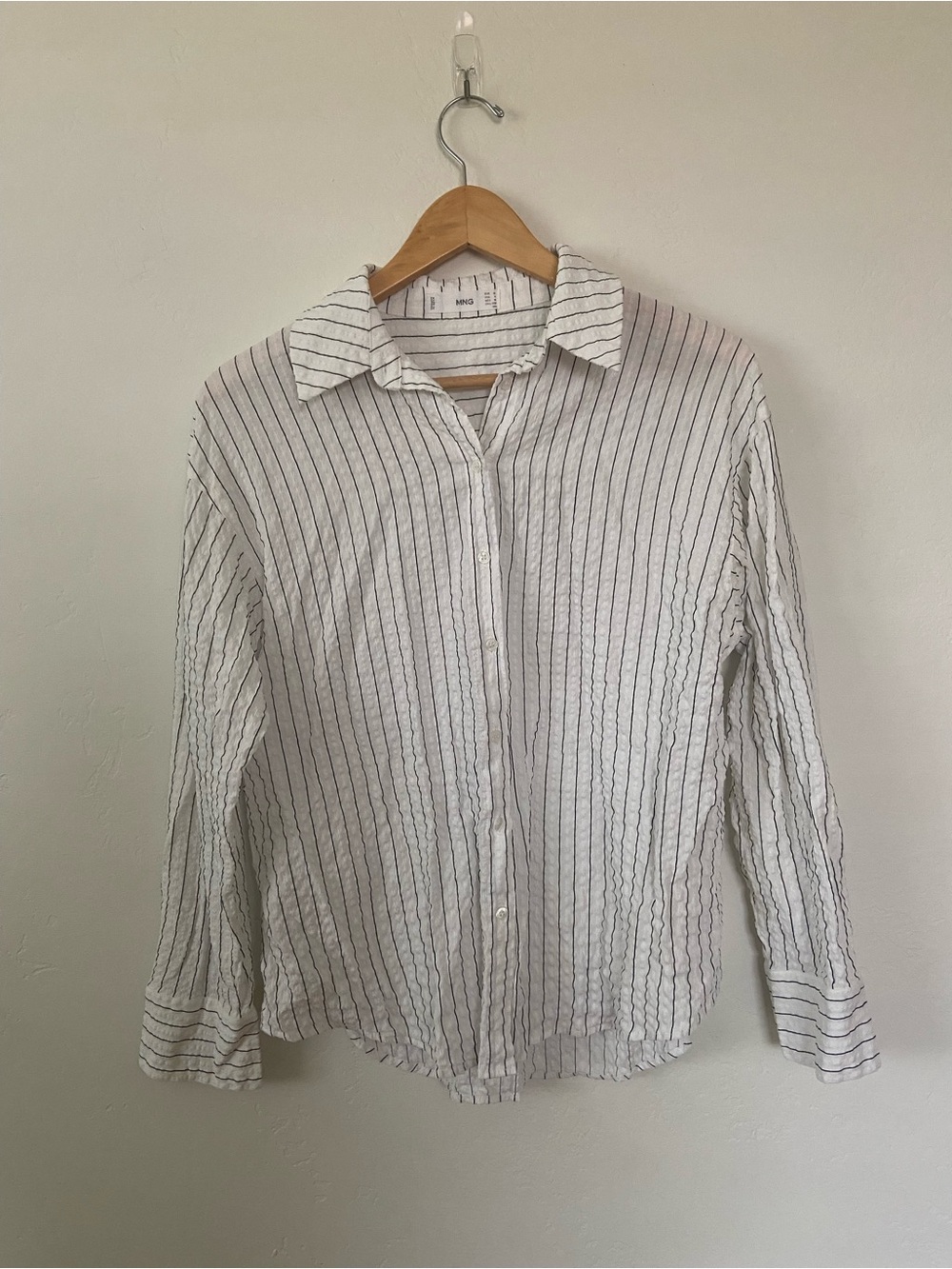 Mango (MNG) White Black Stripe Textured Button Up, Size M